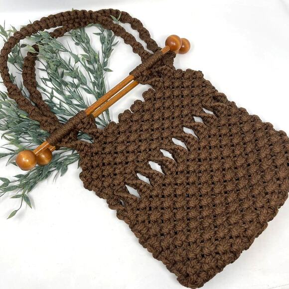 Vintage Handbags - Vintage Boho Macrame Brown Bag with Wooden Dowels
